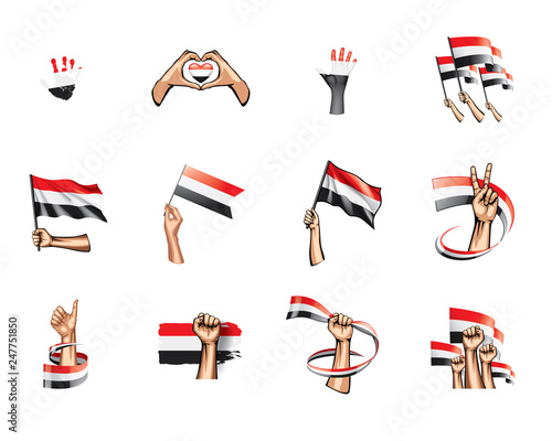 Yemeni flag and hand on white background. Vector illustration photo