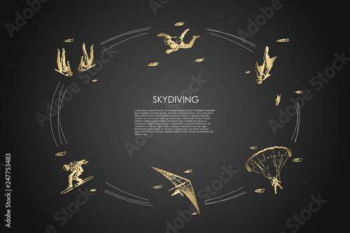 Skydiving - people in air jumping with parachute and skydiving vector concept set