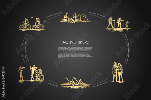 Active hikers - people riding bicycles, having rest with camping in forest, hiking with family, orienting with map, driving kanoe, taking photo vector concept set