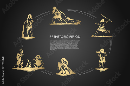 Prehistoric people - men and womens carrying killed animal, throwing spear, standing with bludgeon, processing skin, making fire vector concept set