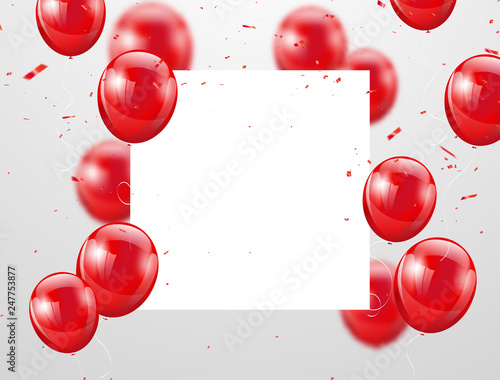 red balloons, vector illustration. Confetti and ribbons, Celebration background template with.
