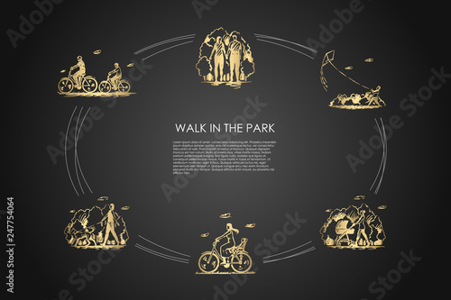 Walk in the park - people riding bicycles, walking with baby carriage, flying kites, walking dog vector concept set