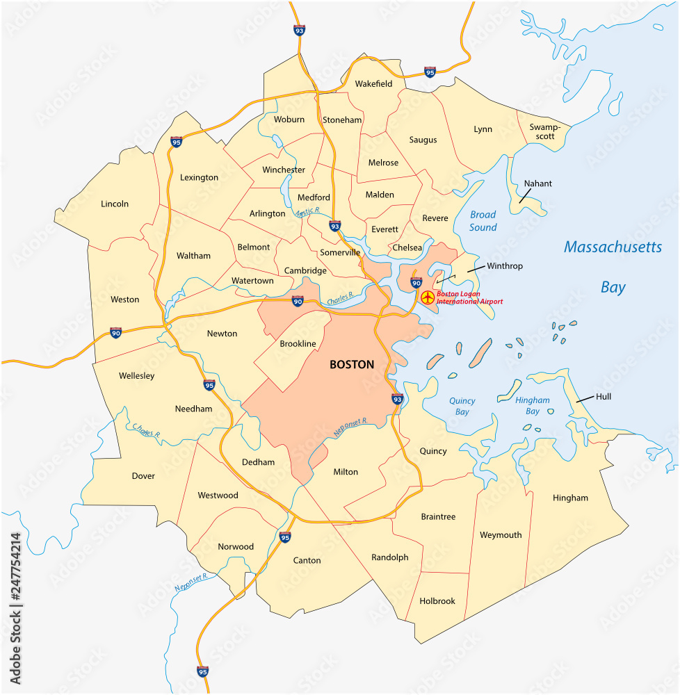 vector map of the Greater Boston metropolitan region, Massachusetts, united states