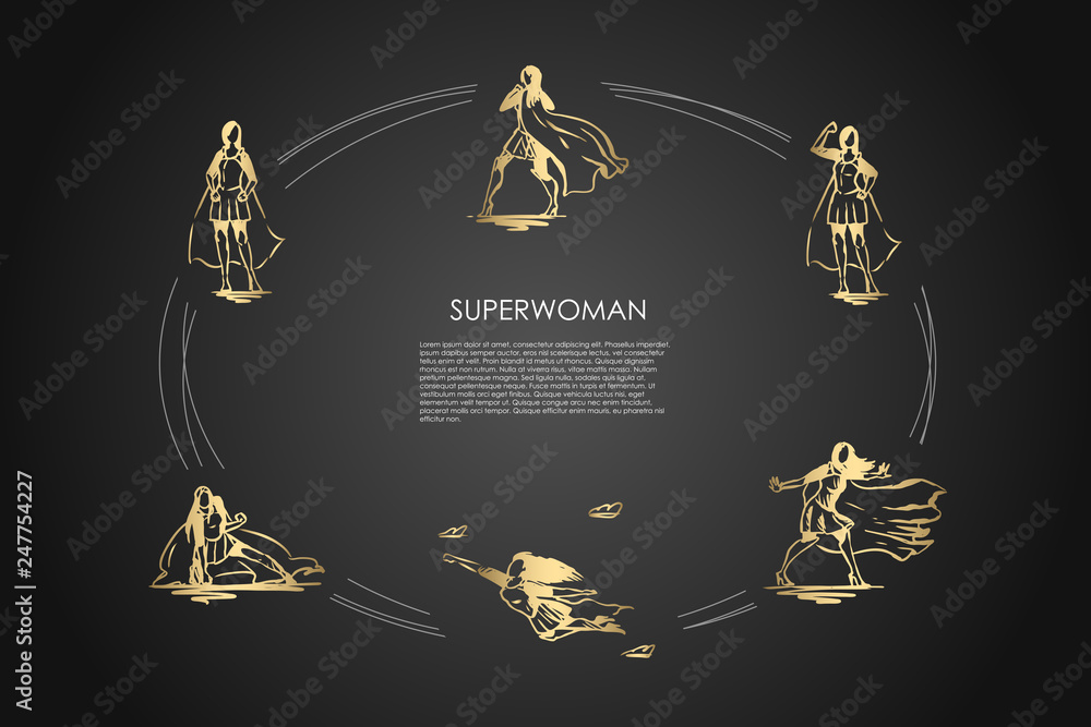 Superwoman - woman in superman costume and on high heels flying, struggling and showing her power vector concept set Superwoman - woman in superman costume and on high heels flying, struggling and showing her power vector concept set