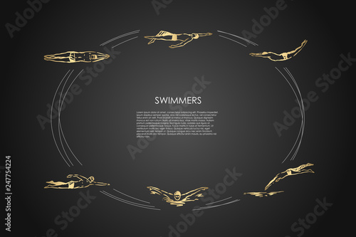 Swimmers - male sportsmen swimming in traditional cap in different poses vector concept set