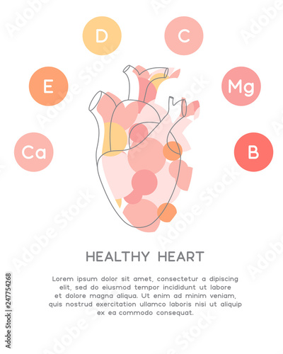 Minerals and vitamins for healthy heart. Illustration of vitamins D, E, C, B, Ca, Mg in a rounded scheme. Abstract vector banner with the place for your text. 