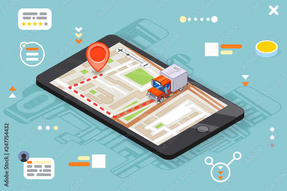 Logistic mobile delivery tracking app 3d isometric smartphone truck pin city street map flat design vector illustration