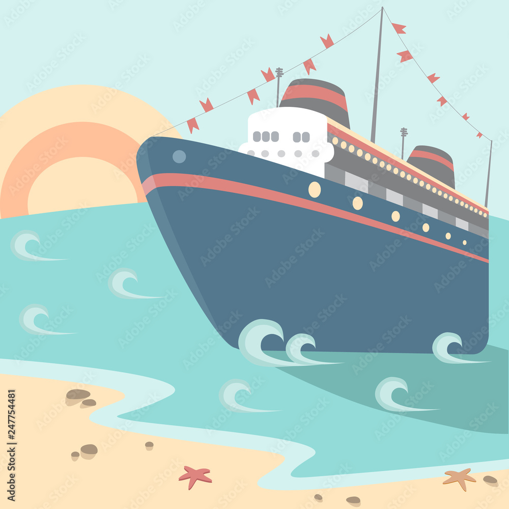 Cruise ship floating under the sun at sea. Colorful luxury liner near the beach with starfishes and stones on it. Vector background with summer view and a ship moored alongside the bay.