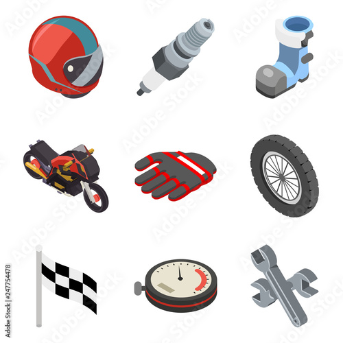Motocross race sport championship isometric motorbike vehicle icons set flat bike design vector illustration