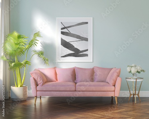 Contemporary Parisian interior with canvas and salmon pink sofa- This is a  3d rendering! The art print is created by me Stock Illustration | Adobe  Stock