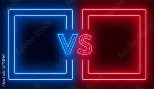 Versus screen with neon frames and vs sign on the dark background. Confrontation design.