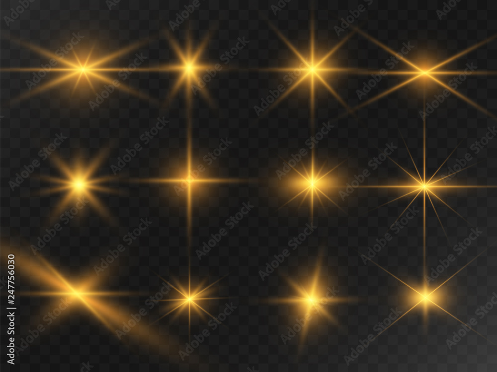 : Set of gold bright beautiful stars. Light effect Bright Star. Beautiful light for illustration. Christmas star. White sparks sparkle with a special light. Vector sparkles on transparent background : Set of gold bright beautiful stars. Light effect Bright Star. Beautiful light for illustration. Christmas star. White sparks sparkle with a special light. Vector sparkles on transparent background