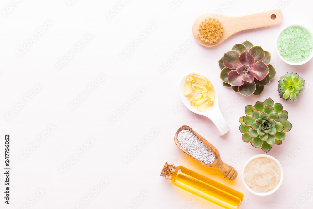 Spa background with handmade bio cosmetic and cactus composition, flat lay, space for a text - Image. Spa background with handmade bio cosmetic and cactus composition, flat lay, space for a text - Image.