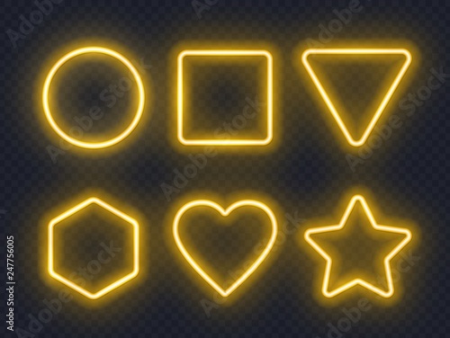 Set of yellow glowing neon frames on dark background.