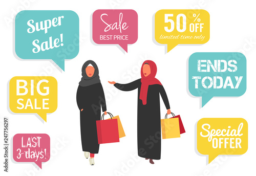 Muslim women at sale making shopping with discount. Vector illustration