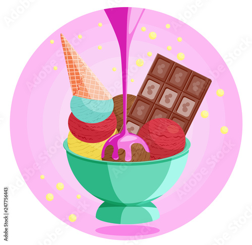 A green glass bowl with scoops of ice cream of different tastes, waffle cone on the top and a bar of milk chocolate. Sweet cherry syrup is poured on ice cream. Yellow bubbles flying around.
