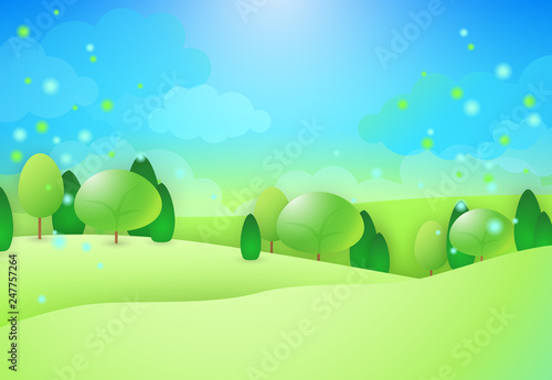 Green hills with trees. Pollen flying above field. Can be used for topics like summer, nature, non-urban scene