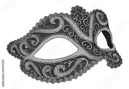 Richly decorated carnival mask, gray with silver, on a white background. Detailed drawing by hand.