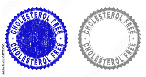 Grunge CHOLESTEROL FREE stamp seals isolated on a white background. Rosette seals with grunge texture in blue and grey colors. Vector rubber watermark of CHOLESTEROL FREE title inside round rosette.