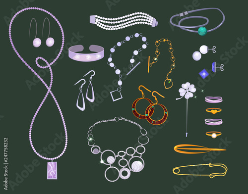 Set of gold and silver jewelry. Necklace, earrings, rings, bracelets. Can be used for topics like accessory, treasure, wealth