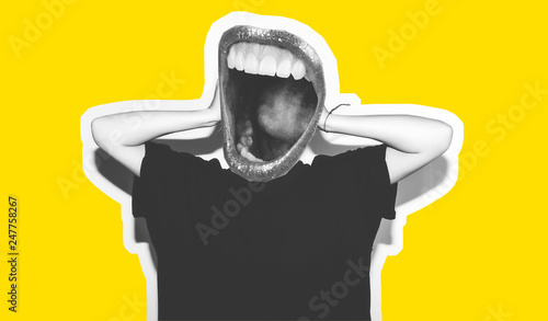 Stylish fashion blonde with short hair colorful collage. Crazy girl in a black t-shirt and rock sunglasses scream holding her head. Rocky emotional woman. white toned. yellow background, not isolated photo