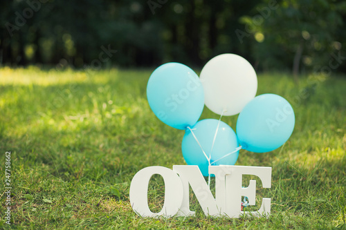 Green lawn in summer park decorated with blue and white decor for first baby boy birthday celebration. Word One and balloons standing on grass. Horizontal color photography. photo