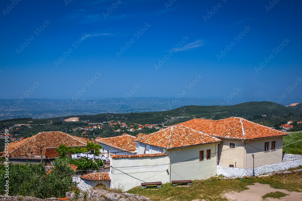 Albanian town buildings view. Summer holiday trip. Touristic attraction.