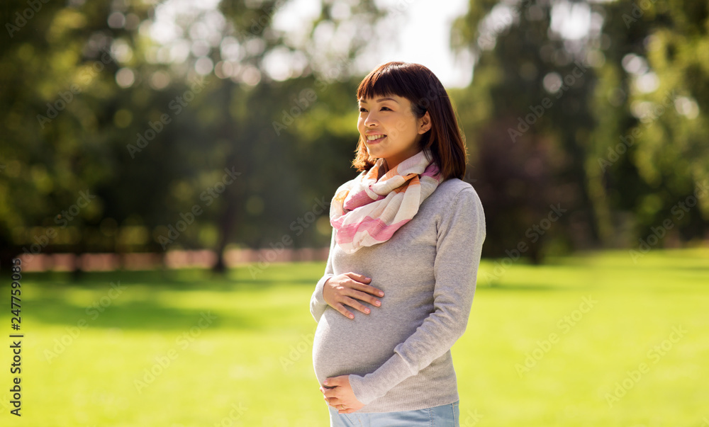 pregnancy, people and motherhood concept - happy pregnant asian woman at park pregnancy, people and motherhood concept - happy pregnant asian woman at park