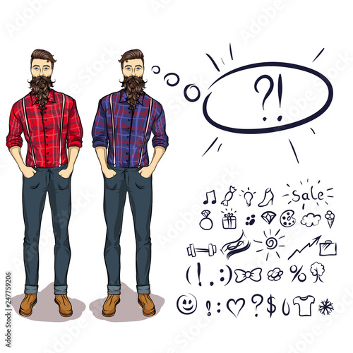 Collection of signs, icons. Speaking lumberman.  Worker style.