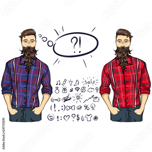 Collection of signs, icons. Speaking lumberman.  Worker style.