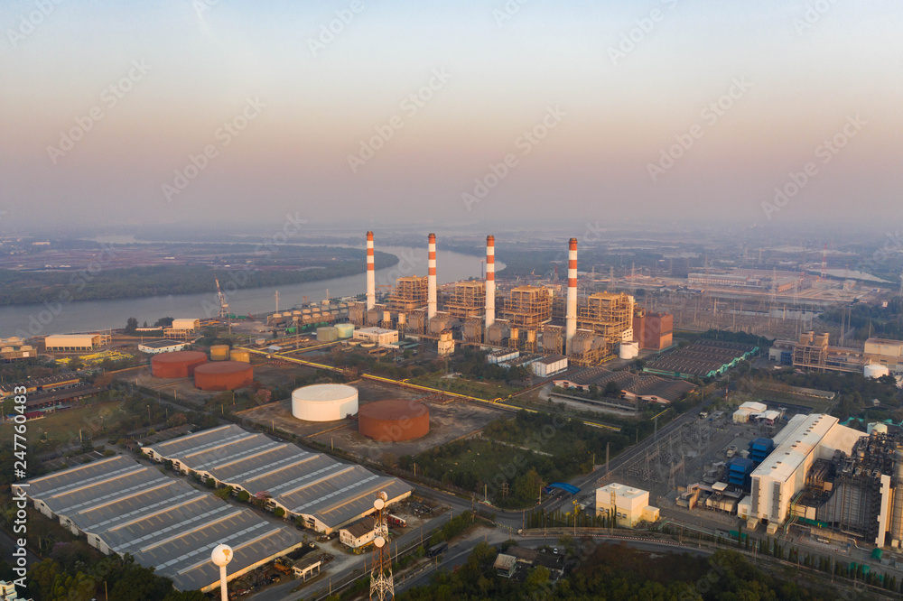 Obraz premium Aerial view. Power plants, industrial power, water and thermal energy
