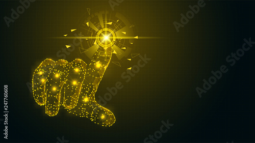 Abstract virtual futuristic Hand touch the circle interface on gold cyberspace background with low-poly, polygon and triangle. Point finger touching technology concept. Wireframe  vector