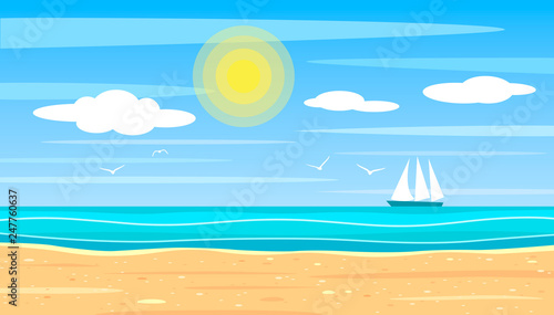 Bright landscape of a sandy beach on the background of the ocean on a bright sunny day. sailboat ship on the horizon with seagulls.