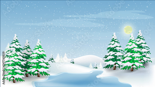 Beautiful panorama winter landscape with snow on the trees in the mountains, vector