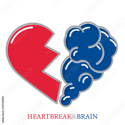 Heartbreak vector. Broken Heart and Brain flat modern icon logo vector design. Interaction between soul and intelligence, emotions, loneliness, divorce, broken relationship, rational thinking