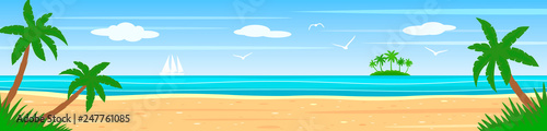 Summer landscape on the shore of a tropical island with palm trees, ocean, white sailboat.