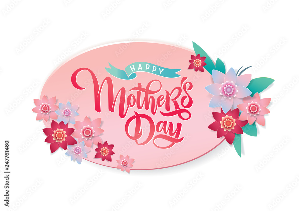 Vector Mother's day bright greeting card with festive calligraphy lettering, spring red and pink blossom flowers frame