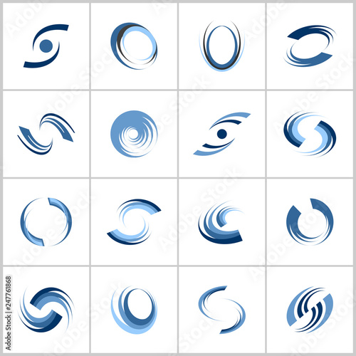 Design elements set. Rotation and spiral movement. Abstract blue icons.