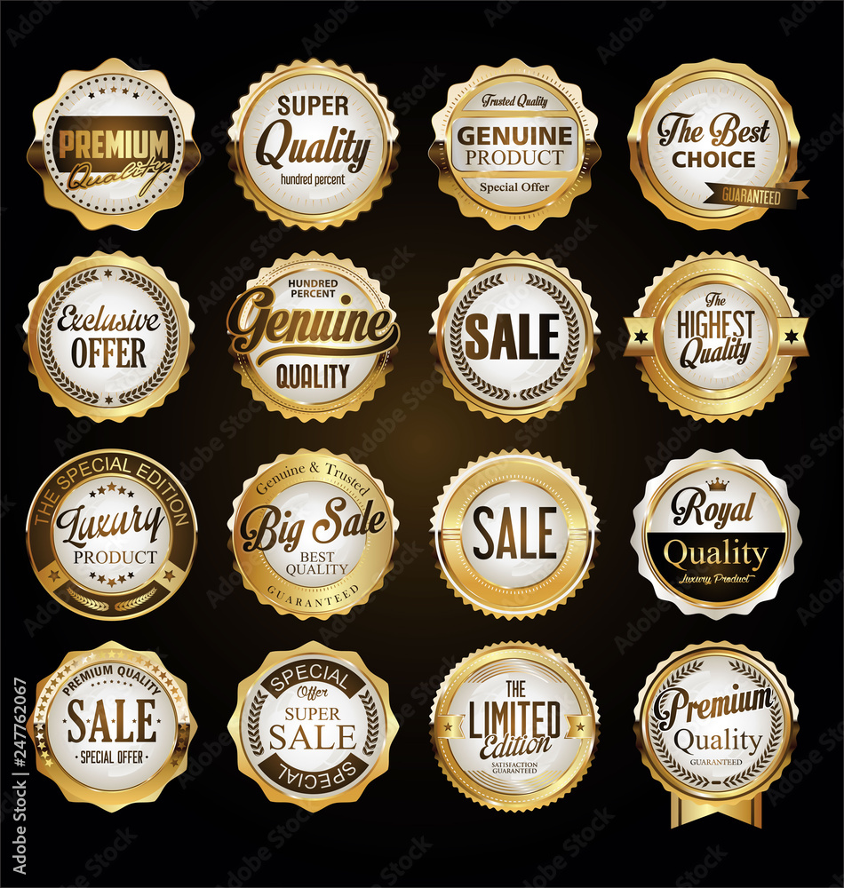 Collection of vintage retro premium quality golden badges and labels 