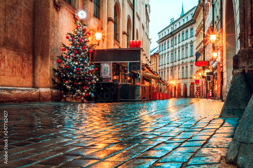 Photography rainy winter street Prague, Czech Republic