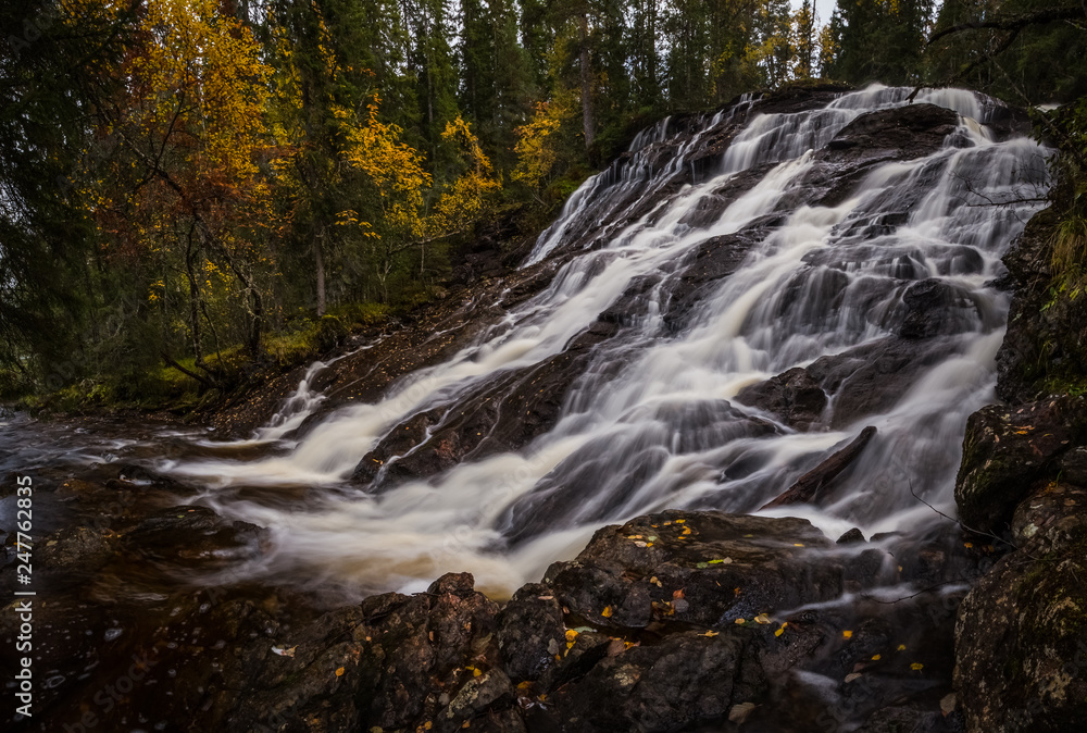 Fototapeta premium Waterfalls in boreal autumnal forest in Norway.
