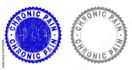 Grunge CHRONIC PAIN stamp seals isolated on a white background. Rosette seals with grunge texture in blue and grey colors. Vector rubber watermark of CHRONIC PAIN tag inside round rosette.
