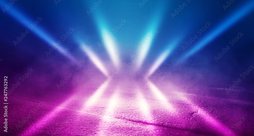 Background of empty room with concrete pavement. Blue and pink neon light. Smoke, fog, wet asphalt with reflection of lights - obrazy, fototapety, plakaty 