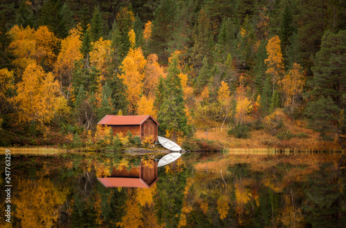 Autumn in Bymarka area in Trondheim, Norway. Beautiful reflections on the lake, photo