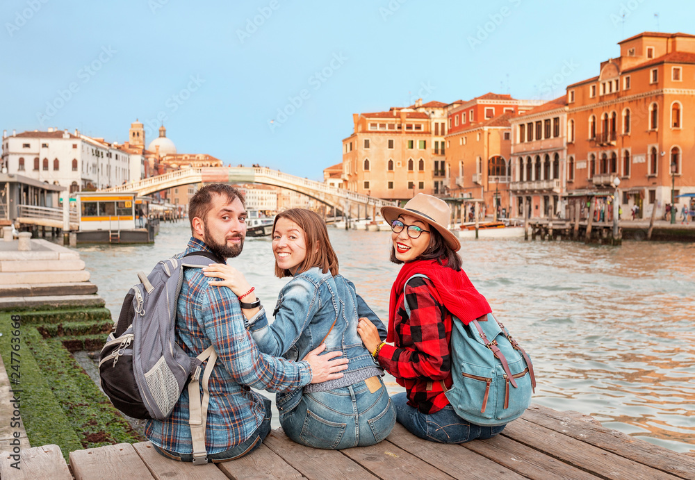 Group of Tourists at Venice canal, Travel and vacation for friends in Italy and Europe concept