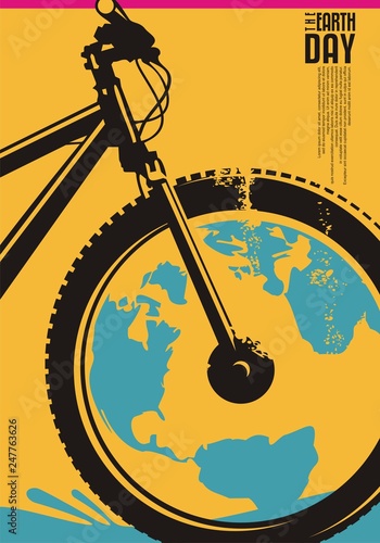Earth day poster design concept with bicycle and globe shape. Ecology and environment theme. Vector flyer on yellow background.