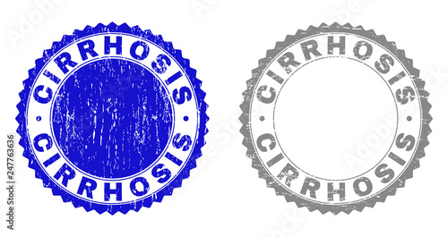 Grunge CIRRHOSIS watermarks isolated on a white background. Rosette seals with grunge texture in blue and grey colors. Vector rubber stamp imprint of CIRRHOSIS label inside round rosette.