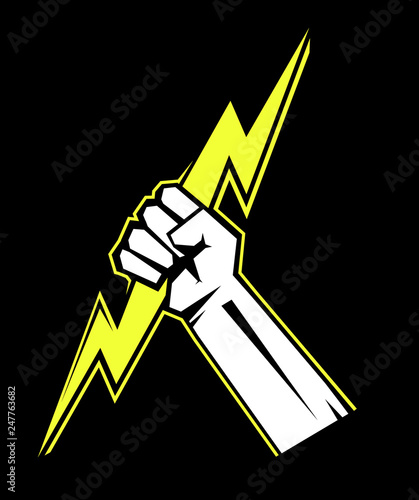 The fist squeezing a lightning. The vector illustration symbolizing force, the power. A logo, a sign for the power companies. Zeus hand. Design element. Vector illustration.