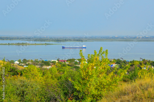 view from the hill to the Volga River and its banks in early autumn