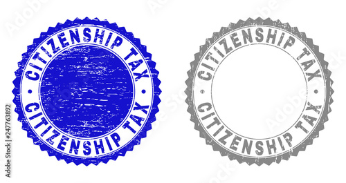 Grunge CITIZENSHIP TAX stamp seals isolated on a white background. Rosette seals with grunge texture in blue and grey colors. Vector rubber stamp imprint of CITIZENSHIP TAX tag inside round rosette.